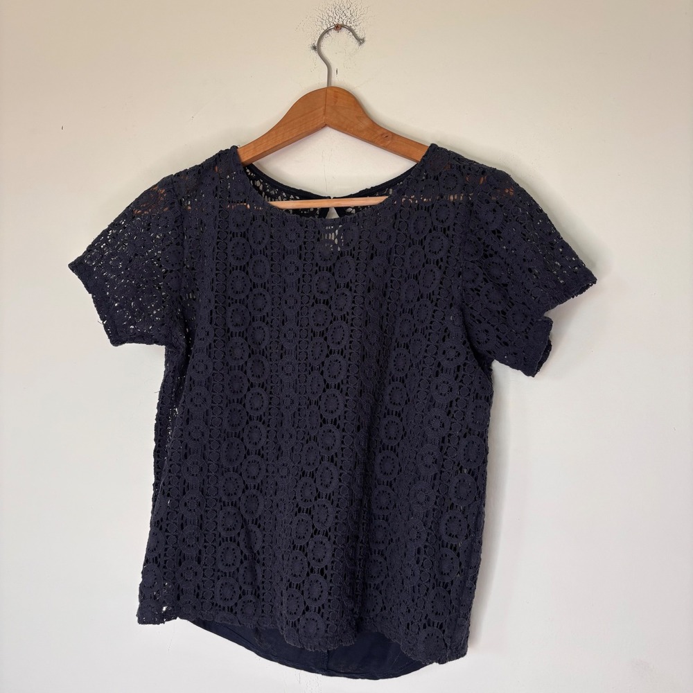 Abercrombie Navy Blue Short Sleeve Lace Crochet Lined Shirt Blouse Size Small
